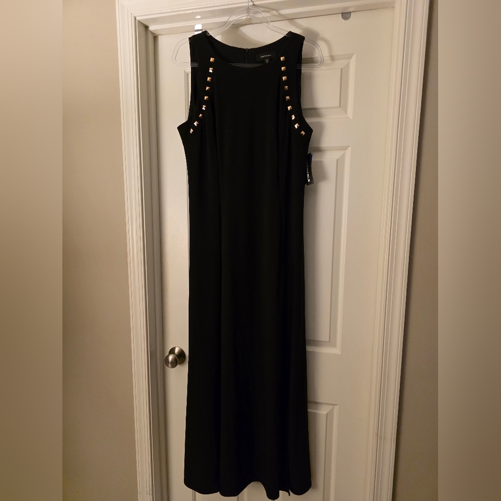 NWT R&M Richards Black Maxi Dress With Brushed Gold Metal Accents - Size 16